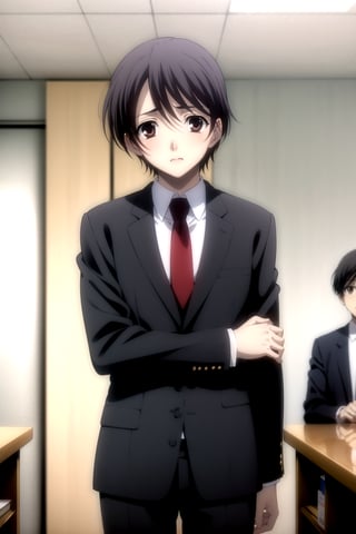 Highly detailed, High Quality, Masterpiece, beautiful,
BREAK 1boy, (solo), (young man), (16 old), yuu ashikaga uniform, short hair, brown hair, (male focus, male chest),  (brown eyes), look of shame,
BREAK school library interior,
BREAK long sleeves, school uniform, red necktie, suit, black dress pants, black jacket, white shirt peeking out,
BREAK looking_down, (focus face), (driven), next to several books.
