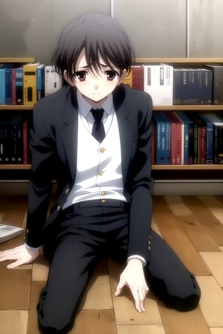 A masterpiece of youthful shame! In a dimly lit school library interior, a young man, dressed in Yuu Ashikaga's uniform, lies on the floor amidst scattered books and chairs. His short brown hair is messy, and his brown eyes gaze downward with a look of regret. The formal attire, complete with long sleeves, necktie, and black dress pants, stands out against the worn-out surroundings. The focus remains on his boyish chest as he looks down, surrounded by the remnants of his failed attempt to study.