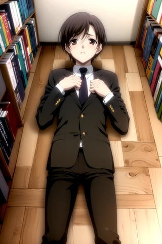 Highly detailed, High Quality, Masterpiece, beautiful,
BREAK 1boy, (solo:1.5), (young man), (16 old), yuu ashikaga uniform, short hair, brown hair, (male focus, male chest),  (brown eyes:1.5), look of shame,
BREAK school library interior, desk, chairs, books on the desk,
BREAK long sleeves, school uniform, necktie, bag, formal, suit, black dress pants, black shoes, black jacket, white shirt peeking out,
BREAK looking_down, (focus face), (boy lying on the floor next to several books and chairs lying near him:1.5),