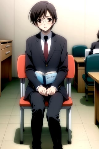 Highly detailed, High Quality, Masterpiece, beautiful,
BREAK 1boy, (solo:1.5), (young man), (16 old), yuu ashikaga uniform, short hair, brown hair, (male focus, male chest),  (brown eyes:1.5), glasses, 
BREAK school library interior, desk, chairs, books on the desk,
BREAK long sleeves, school uniform, necktie, bag, formal, suit, black dress pants, black shoes, black jacket, white shirt peeking out,
BREAK looking_down, (focus waist), (sitting in a chair in front of a desk with a book open in front of him:1.5),