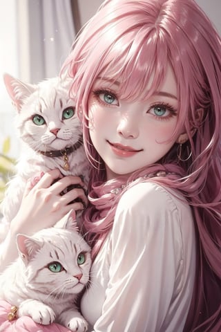 Best picture quality, high resolution, 8k, realistic, sharp focus, realistic image of elegant lady, Korean beauty, supermodel, Girl with spiral hair, pink hair, long hair, Milan-style scarf, thick sweater, green eyes, cute side hair accessory, teenage girl's room, warm, holding a cat in both hands, closing eyes tightly, smiling, (high quality:1.0) (white background:0.8), detailed face, (blush:0.8), 1 girl,Young beauty spirit, ZGirl, perfect light, Detailedface,1 girl, big eyes, eye shadow ,SharpEyess, 
,perfecteyes eyes ,Smirk,Detailedface, perfect light,ZGirl,photo of perfecteyes eyes,nodf_lora,DonMSn0wM4g1c,yofukashi background,portrait,wrenchsmechs,ASU1
