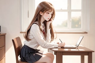 Best picture quality, high resolution, 8k, realistic, sharp focus, realistic image of elegant lady, Korean beauty, supermodel, girl, light brown hair, long straight hair, straight bangs, student, long sleeves sailor-style school uniform, sleeveless sweater vest, pleated skirt, evening, sunset, sunlight dappling, window, desk, pencil, textbook, sitting on chair, contemplating, looking forward, sleepy, looking up, side view, window reflection, bird, full body, profile, 
 (high quality:1.0) (white background:0.8), detailed face, (blush:1.0), 1 girl,Young beauty spirit, ZGirl,masterpiece,perfect light,mecha,Detailedface,1 girl, big eyes, eye shadow ,SharpEyess, 
,perfecteyes eyes ,Smirk,Detailedface,mecha,perfect light,ZGirl