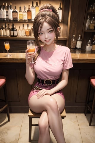 masterpiece, best quality, absurdres, perfect anatomy, 1girl, solo, brown hair, ponytail, amber eyes, Belted Skirt, pink skirt, microskirt, t-shirt, smile, indoors, bar, crossed_legs_(sitting),pov below, Belted Skirt