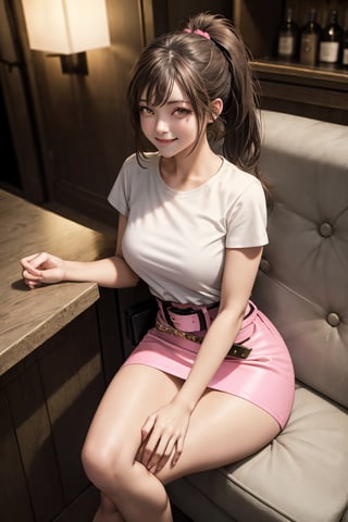 masterpiece, best quality, absurdres, perfect anatomy, 1girl, solo, brown hair, ponytail, amber eyes, Belted Skirt, pink skirt, microskirt, t-shirt, smile, indoors, bar, crossed_legs_(sitting),pov below, Belted Skirt,perfect