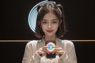 In the RGB light strip studio, a girl is smiling and holding a RGB light strip product in her hand. She needs to show the light effect to customers. The entire studio background wall needs to be illuminated by RGB light strips.