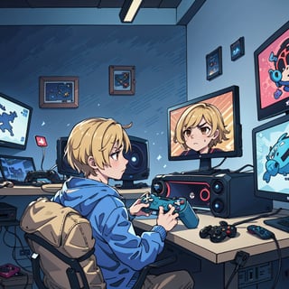 1boy, solo-male, blonde, short hair, brown eyes, gamer boy, hoody, cargo pants, console, controller, computer, videogames, dark room,itachiuchiapictureonwall, bedrrom, gameroom concept, seriouslook,Pakistanimaponbackwall