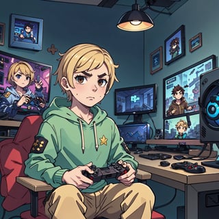 1boy, solo-male, blonde, short hair, brown eyes, gamer boy, hoody, cargo pants, console, controller, computer, videogames, dark room,itachiuchiapictureonwall, bedrrom, gameroom concept, seriouslook,Pakistanimaponbackwall,lookatthecamera,rich,pakistani,firearm