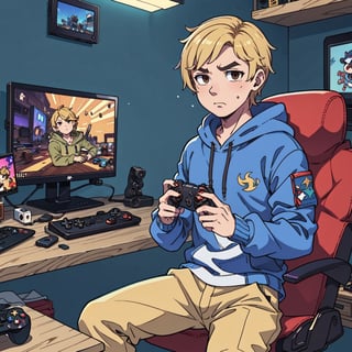 1boy, solo-male, blonde, short hair, brown eyes, gamer boy, hoody, cargo pants, console, controller, computer, videogames, dark room,itachiuchiapictureonwall, bedrrom, gameroom concept, seriouslook,Pakistanimaponbackwall,lookatthecamera,rich,pakistani,firearm