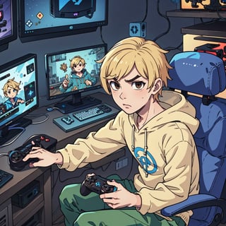 1boy, solo-male, blonde, short hair, brown eyes, gamer boy, hoody, cargo pants, console, controller, computer, videogames, dark room,itachiuchiapictureonwall, bedrrom, gameroom concept, seriouslook,Pakistanimaponbackwall,lookatthecamera