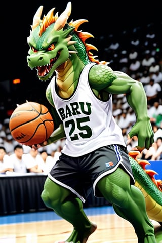 large green dragon, breathing fire from its mouth, detailed eyes, detailed full body, looking at fans, wearing a white sleeveless t-shirt with the word "BAURU" printed on it, wearing shorts and basketball shoes. The dragon is jumping holding a basketball in shooting position. He is in a basketball arena full of fans, the Ginasio Panela de Pressão, in Bauru.,Anime ,hentai,pturbo,Clear Glass Skin,qxcocxcr cosplay