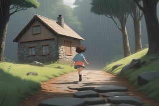 Highest picture quality, perfect work, real three-dimensional sense, rainy day, raining, forest, cabin, stone road, soft light and shadow, animation, Hayao Miyazaki style, little girl running
