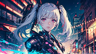 masterpiece, best quality, illustration, 1girl, beautiful detailed eyes,colorful background,mechanical prosthesis,mecha coverage,emerging dark purple across with white hair,pig tails,disheveled hair,fluorescent purple,cool movement,rose red eyes,beatiful detailed cyberpunk city,multicolored hair,beautiful detailed glow,1 girl, expressionless,cold expression,insanity, long bangs,long hair, lace,dynamic composition, motion, ultra - detailed, incredibly detailed, a lot of details, amazing fine details and brush strokes, smooth, hd semirealistic anime cg concept art digital painting,Realism,Portrait,