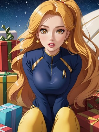 masterpiece, best quality, illustration, Jeri Ryan, solo, cute, beauty, makeup, yellow hair, big_breasts, star trek, all red tight uniform, Christmas, holiday, left eye have mechanical implants,