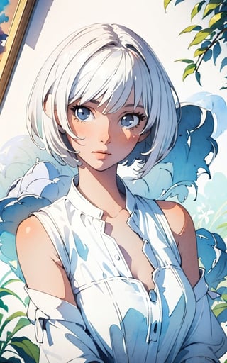 (watercolor_medium), ((((masterpiece)))), (((best quality))), a young girl, solo, hyper detail face, cute, bare shoulder, sexy clothes, average_breasts, (((white color short hair))), black dog, cityscape