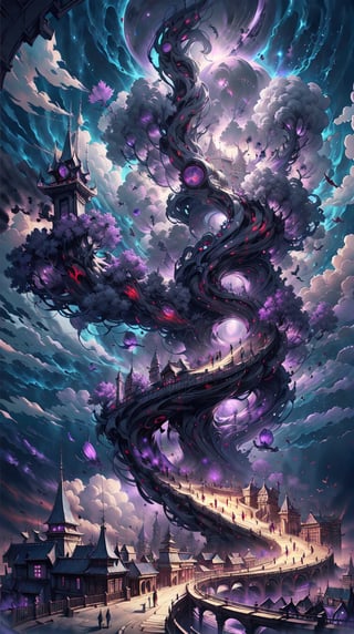 Medieval fantasy city, dark portal in sky, ((Black, Red, Purple)), cloudy_sky, nighttime, aerial_view, digital_artwork, fantasy00d, watercolor pencil (medium), fascinating, tom robinson, new weird fantasy, caustics,