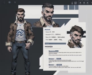 multiple_views, model sheet, reference_sheet, sole_male, toddmac2023, light_blue_eyes, very short hair, brown_hair, beard, stubble, stocky build, manly, brown leather bomber jacket with fur-lining, grey long_sleeve shirt, blue_jeans, (white_background:1.4), high_resolution, masterpiece, detailed face, sharp focus