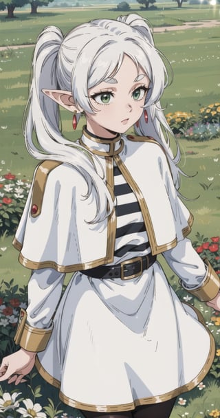 aafrie, long hair, white hair, twintails, pointy ears, earrings, thick eyebrows, white capelet, striped shirt, long sleeves, belt, white skirt, black pantyhose, green grass field,