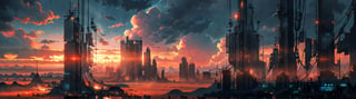 desert wasteland, distant city skyline, sunrise, silhouette, cyberpunk, science_fiction, high_resolution, 8k, rayearth,