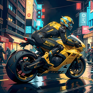 ftsbk, black motorcycle racing through city streets, yellow helmet, black_bodysuit, science_fiction, cyberpunk, midnight, street lights, neon signs, cinematic, high speed
