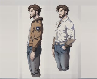 multiple_views, model sheet, reference_sheet, sole_male, toddmac2023, light_blue_eyes, very short hair, brown_hair, beard, stubble, stocky build, manly, brown leather bomber jacket with fur-lining, grey long_sleeve shirt, blue_jeans, (white_background:1.4), high_resolution, masterpiece, detailed face, sharp focus