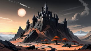 black obsidian Castle on top of hill, (black crystal obsidian:2), dry earth, dead plants, grey earth, ash, (grey:1.5), (brown:1.5), barren, fantasy, digital_painting, bright sunrise, shadows, 