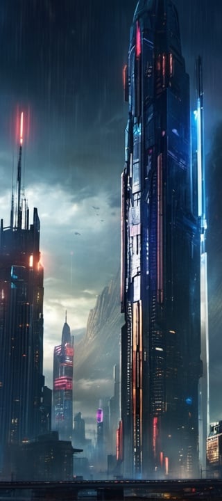 Dark Skyscraper towering above SciFi cityscape, Cyberpunk, (midnight:1.4), realistic, cinematic lighting, night city