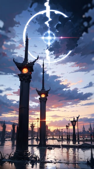 Medieval fantasy city, magic portal in sky, magic_circle, ((Dark, Black, Red)), cloudy_sky, storm clouds, nighttime, digital_artwork, digital_painting, 