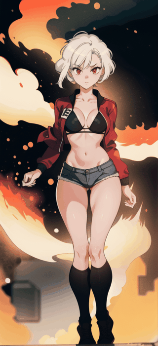 sole_female, white_hair, short_hair, red_eyes, pale_skin, medium_breasts, rage, black_bikini_top, red_jacket, daisydukes, (standing, facing_viewer, looking-at-viewer), windy, silhouette, backlighting, massive fire in background, 