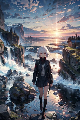 sole_female, white_hair, short_hair, red_eyes, black leather jacket, tartan_skirt, Standing on cliff edge, mountains, windy, full_body,