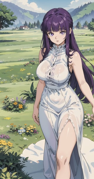 aafern, long hair, purple hair, blunt bangs, purple eyes, large breasts, long dress, white dress, sleeveless, green grass field, 