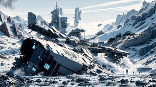 Spaceship crashed in Frozen Lake, Winter Wasteland, smoking wreckage, high_resolution, 8k, Science fiction, comic, cartoon, vector,