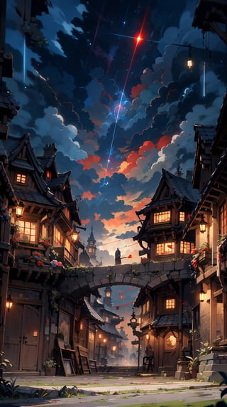 Medieval fantasy city, magic portal in sky, magic_circle, ((Dark, Black, Red)), cloudy_sky, storm clouds, nighttime, midnight, digital_artwork, digital_painting, low-angle_shot, paved road, watercolor pencil (medium), fascinating, tom robinson, new weird fantasy,