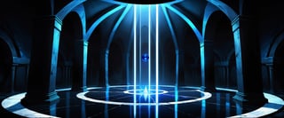 Dark underground crypt lit with blue torches, massive empty circular room, empty floor, black obsidian walls, (black crystal obsidian:2), fantasy, digital_painting, shadows, dome ceiling, symmetrical, 