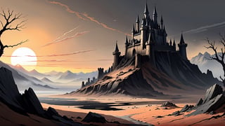 black obsidian Castle on top of hill, dry earth, dead plants, grey earth, ash, (grey:1.5), (brown:1.5), barren, fantasy, digital_painting, bright sunrise, shadows, 