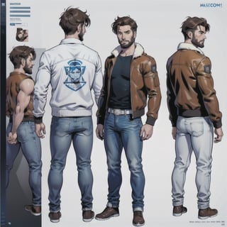 multiple_views, model sheet, reference_sheet, more_than_one_pose, sole_male, light_blue_eyes, very short hair, brown_hair, beard, stubble, stocky build, manly, brown leather bomber jacket with fur-lining, grey long_sleeve shirt, blue_jeans, (white_background:1.4), high_resolution, masterpiece, detailed face, sharp focus, comicbook, lineart, perfecteyes eyes