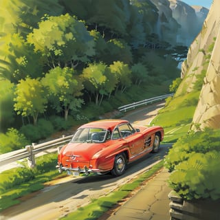Dark_Red Mercedes-Benz 300 SL, Driving High Speed around a Turn on Trecherous Mountain Road, speed_lines, low-angle_shot, 