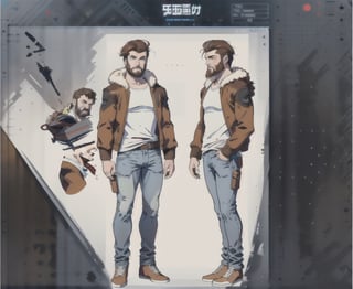 multiple_views, model sheet, reference_sheet, sole_male, toddmac2023, light_blue_eyes, very short hair, brown_hair, beard, stubble, stocky build, manly, brown leather bomber jacket with fur-lining, grey long_sleeve shirt, blue_jeans, (white_background:1.4), high_resolution, masterpiece, detailed face, sharp focus