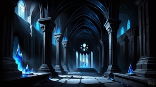 Dark crypt lit with blue torches, black obsidian walls, (black crystal obsidian:2), fantasy, digital_painting, shadows, dust, cobwebs