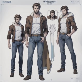 multiple_views, model sheet, reference_sheet, more_than_one_pose, sole_male, toddmac2023, light_blue_eyes, very short hair, brown_hair, beard, stubble, stocky build, manly, brown leather bomber jacket with fur-lining, grey long_sleeve shirt, blue_jeans, (white_background:1.4), high_resolution, masterpiece, detailed face, sharp focus, comicbook, lineart