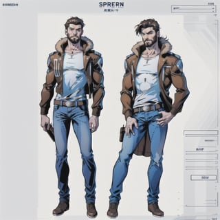 multiple_views, model sheet, reference_sheet, more_than_one_pose, sole_male, (light_blue_eyes), very short hair, brown_hair, beard, stubble, stocky build, manly, brown leather bomber jacket with fur-lining, grey long_sleeve shirt, blue_jeans, sci_fi scabbard, (white_background:1.4), high_resolution, masterpiece, detailed face, sharp focus, comicbook, lineart,cyberpunk,toddmac2023