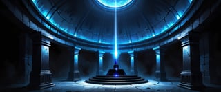 Dark underground crypt lit with blue torches, massive empty circular room, black obsidian walls, (black crystal obsidian:2), fantasy, digital_painting, shadows, dome ceiling,