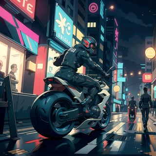 ftsbk, hover bike racing through city streets, helmet, science_fiction, cyberpunk, midnight, street lights, neon signs, cinematic, 