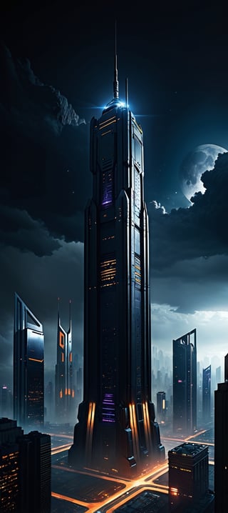 Dark Skyscraper towering above SciFi cityscape, Cyberpunk, (midnight:1.4), realistic, cinematic lighting, 