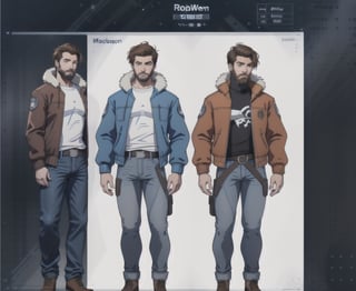 multiple_views, model sheet, reference_sheet, sole_male, toddmac2023, light_blue_eyes, shorthair, brown_hair, beard, stubble, stocky build, manly, brown leather bomber jacket with fur-lining, grey long_sleeve shirt, blue_jeans, (white_background:1.4), high_resolution, masterpiece, detailed face, sharp focus