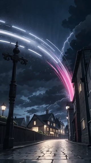 Magic portal in sky above Medieval fantasy city at night, ((Dark, Black, Red)), cloudy_sky, storm clouds, nighttime, midnight, digital_artwork, digital_painting, extreme low-angle_shot, cobblestone road, 