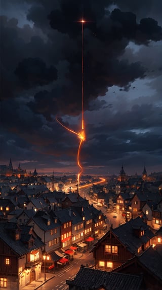 Burning circle in sky above Medieval city at night, fantasy, magic, ((Dark, Black, Red, Orange)), cloudy_sky, storm clouds, nighttime, midnight, digital_artwork, digital_painting, (extreme low-angle_shot, cobblestone road), 