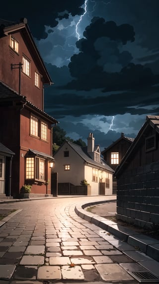 Burning circle in sky above Medieval city at night, fantasy, magic, ((Dark, Black, Red, Orange)), cloudy_sky, storm clouds, nighttime, midnight, digital_artwork, digital_painting, (extreme low-angle_shot, cobblestone road), 