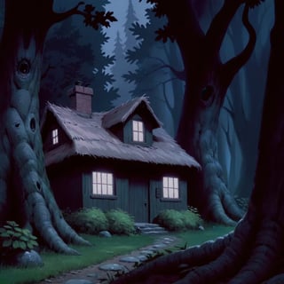 Cottage in woods, dense forest, (dark:2), flat_color, qzhorror theme, terrifyingperspective, JunjiIto_qz, huge and terrifying, monochome