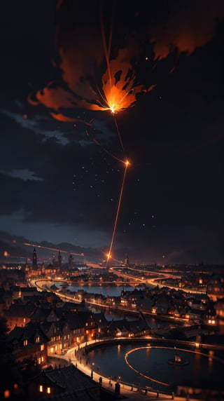 (Burning circle in sky above Medieval city at night, fantasy), magic, ((Dark, Black, Red, Orange)), cloudy_sky, storm clouds, nighttime, midnight, digital_artwork, digital_painting, (extreme low-angle_shot, cobblestone road), 