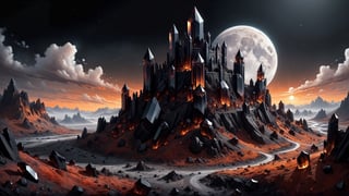 black obsidian Castle on top of hill, (black crystal obsidian:2), dry earth, dead plants, grey earth, ash, (grey:1.5), (brown:1.5), barren, fantasy, digital_painting, bright sunrise, shadows, ,crystalz